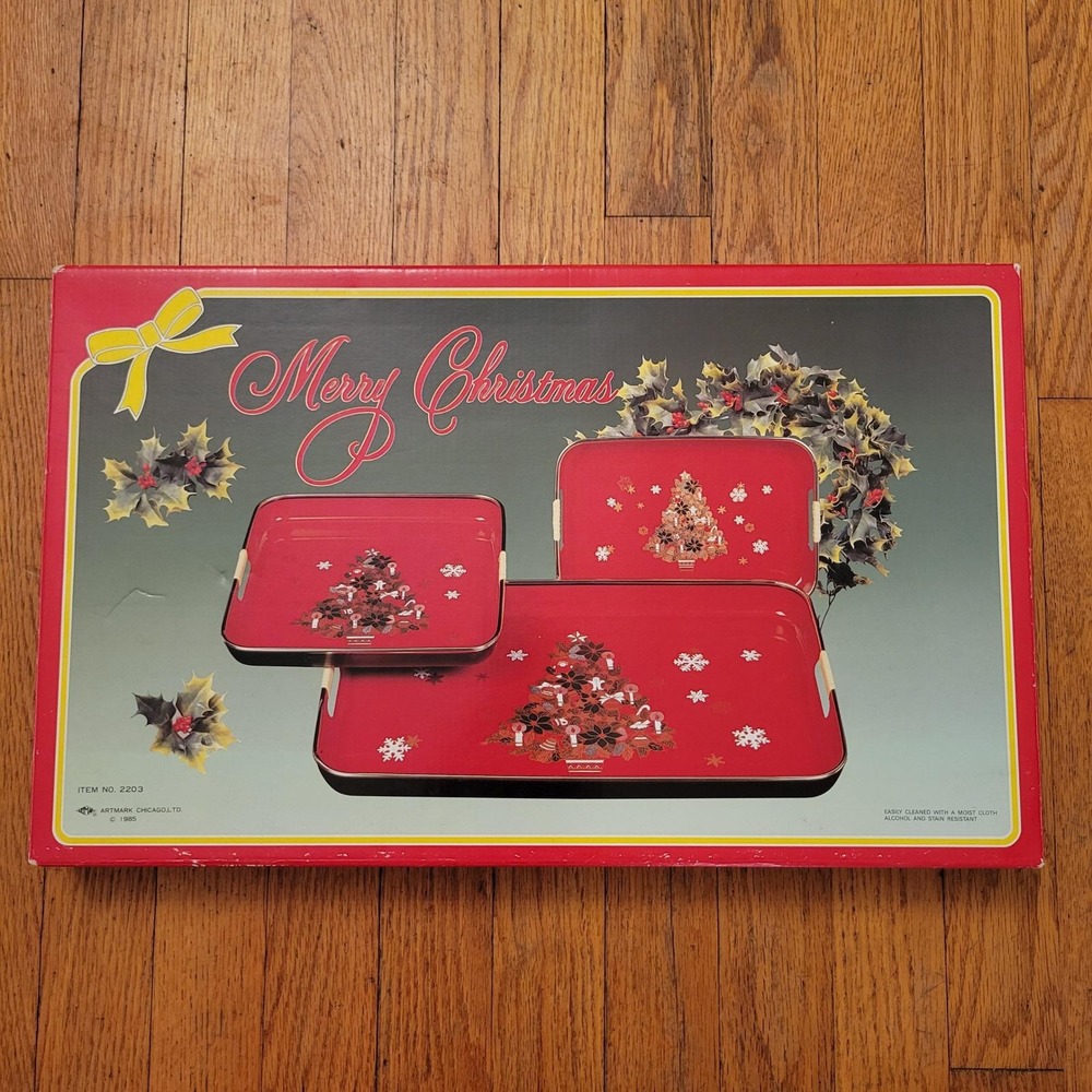 Lacquer 3pc Serving Tray Set Red Christmas Tree Vintage 1985 Retro‎ Home Decor